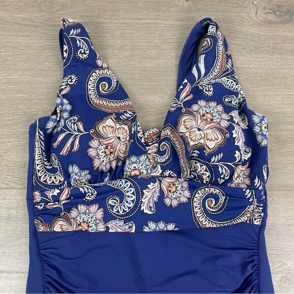 Lands End Blue Floral Slendersuit Grecian Tummy Control One Piece Swimsuit Sz.10 - Picture 7 of 16